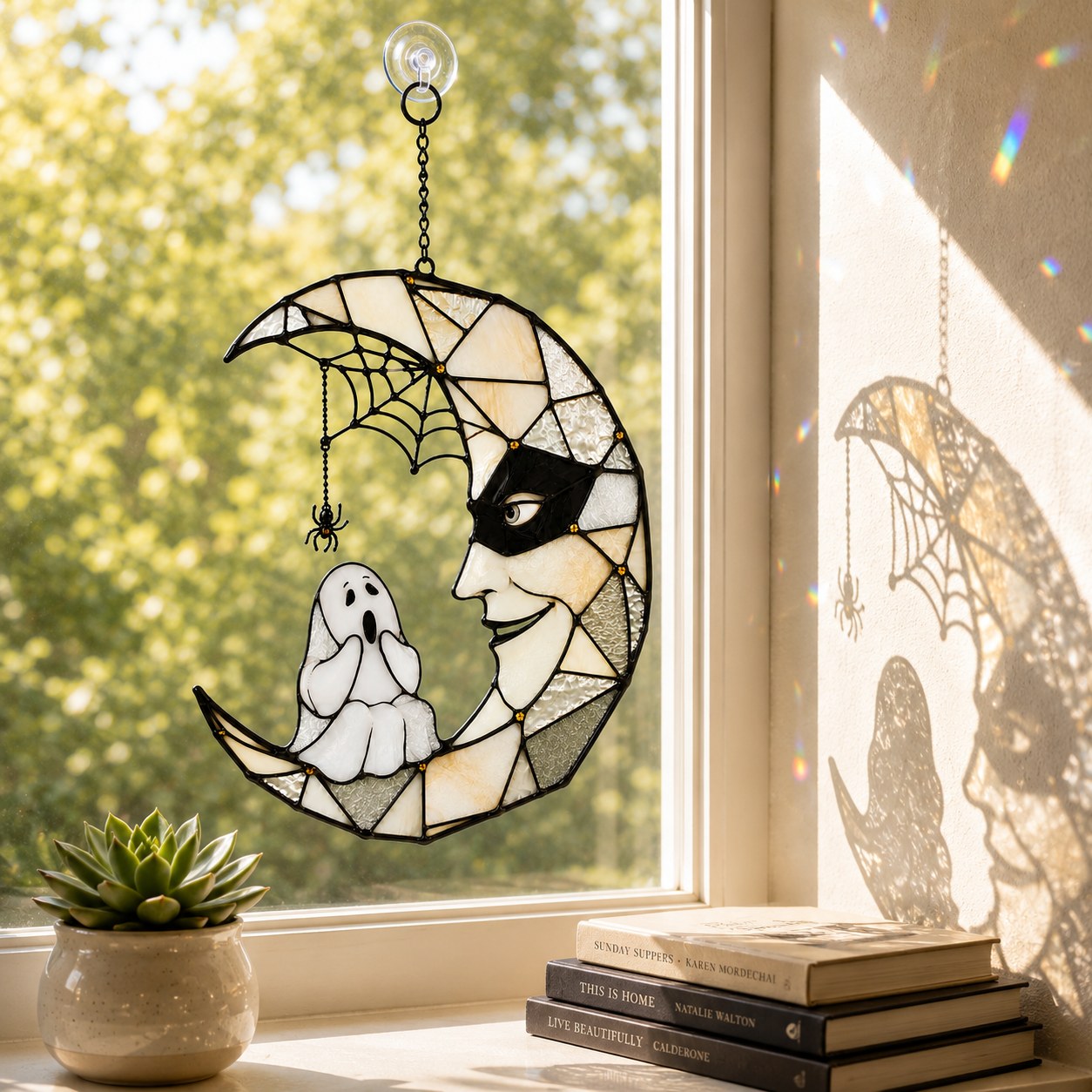 Masquerade Moon Face with Little Ghost Holographic Acrylic Suncatcher