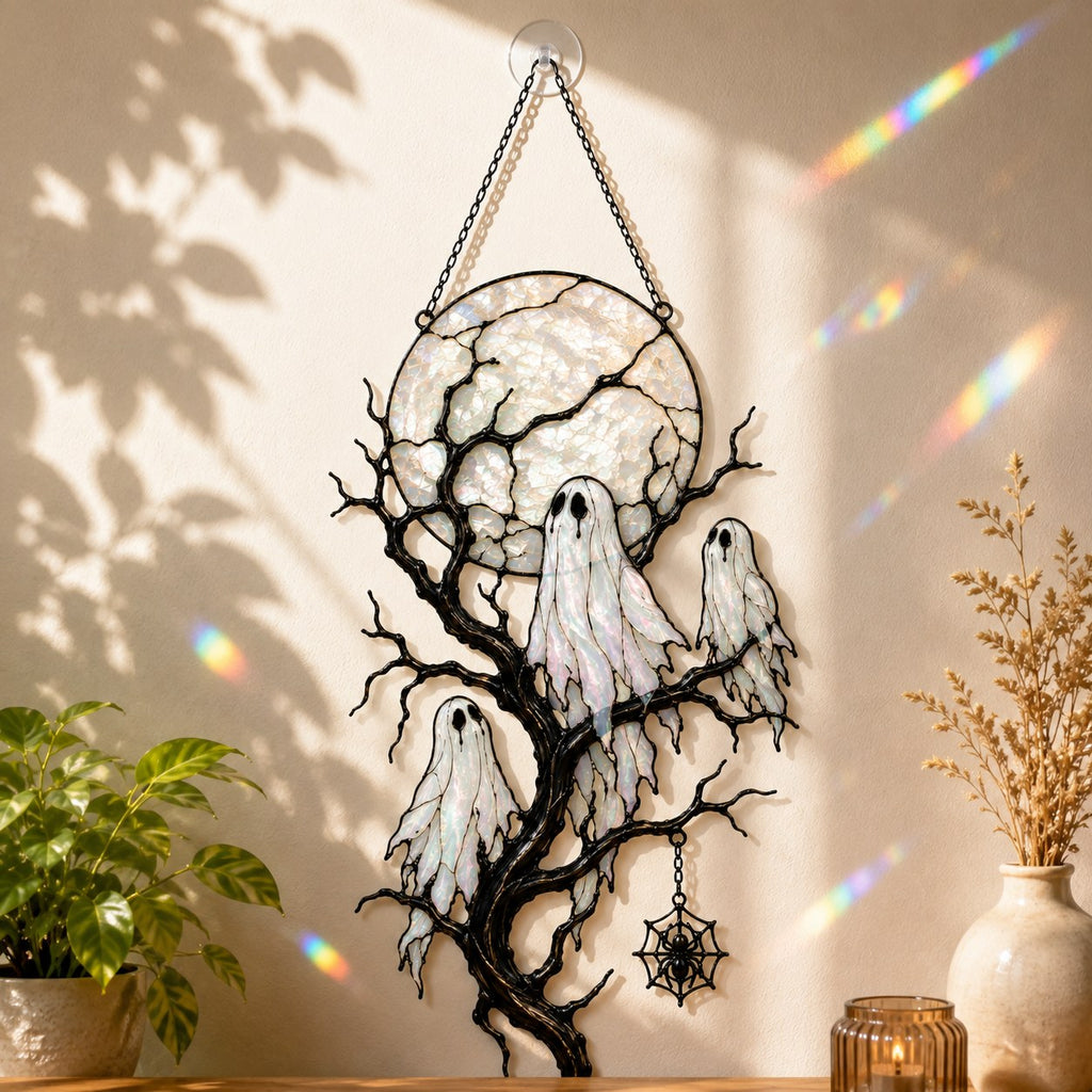 Full Moon & Floating Ghost Tree Holographic Acrylic Suncatcher