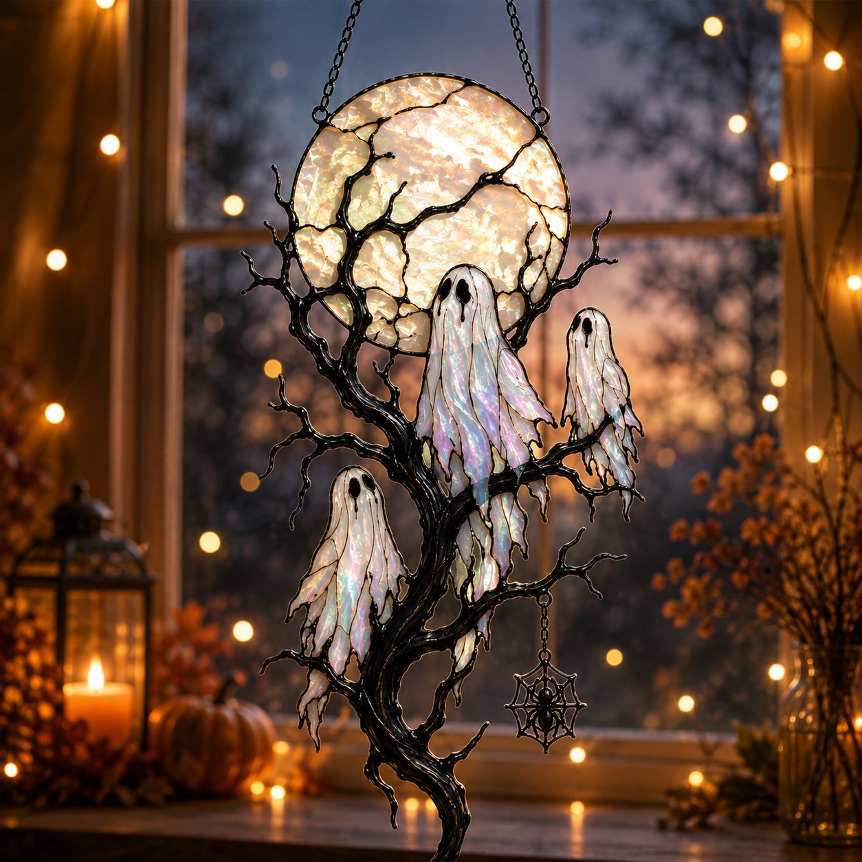 Full Moon & Floating Ghost Tree Holographic Acrylic Suncatcher
