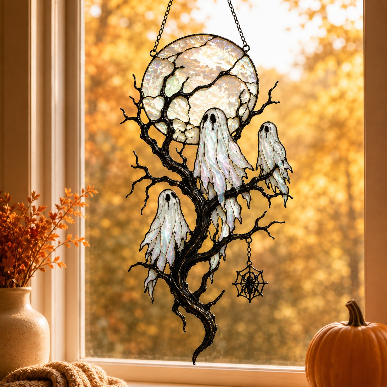 Full Moon & Floating Ghost Tree Holographic Acrylic Suncatcher