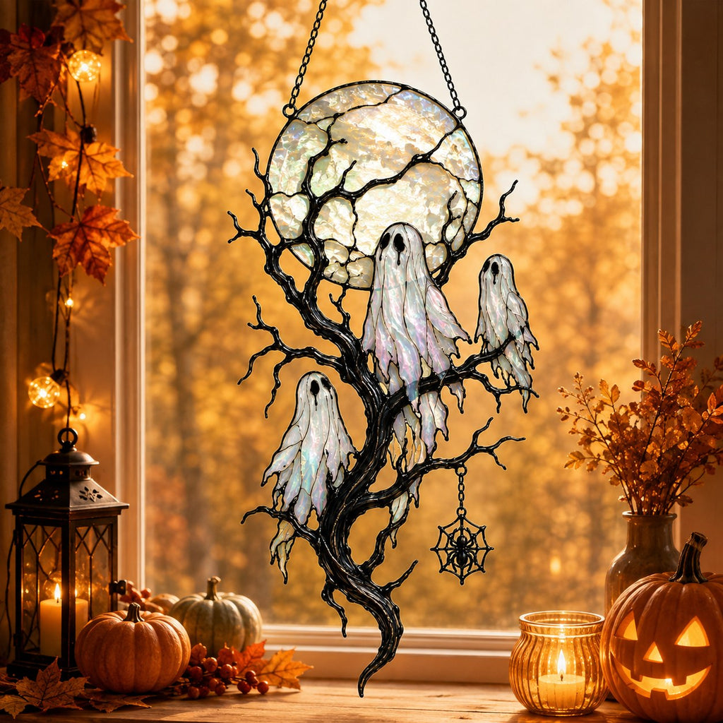 Full Moon & Floating Ghost Tree Holographic Acrylic Suncatcher