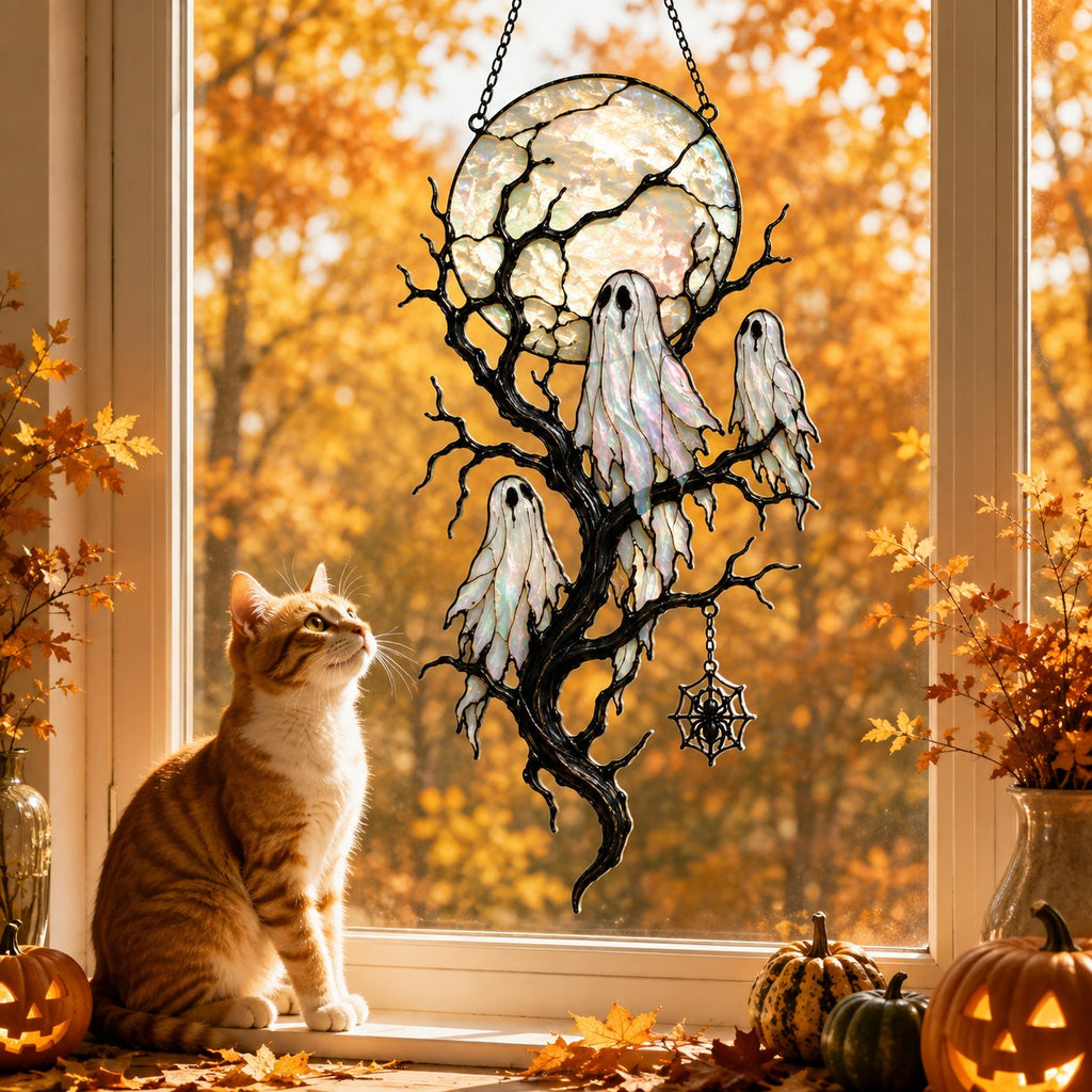 Full Moon & Floating Ghost Tree Holographic Acrylic Suncatcher