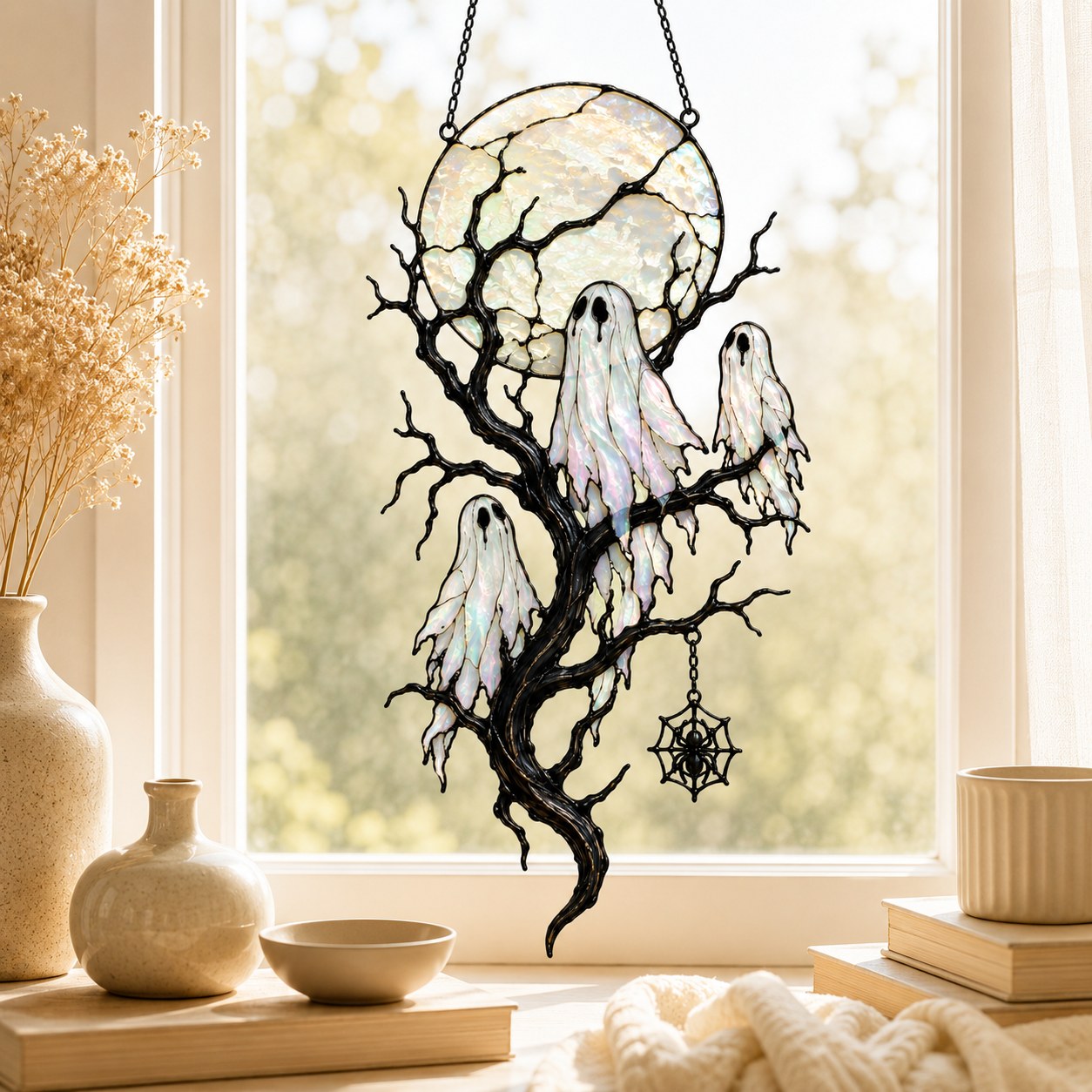 Full Moon & Floating Ghost Tree Holographic Acrylic Suncatcher