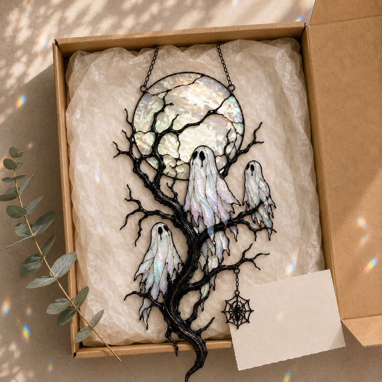 Full Moon & Floating Ghost Tree Holographic Acrylic Suncatcher