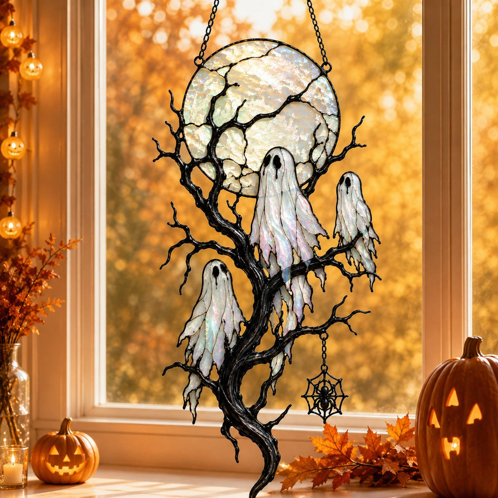 Full Moon & Floating Ghost Tree Holographic Acrylic Suncatcher