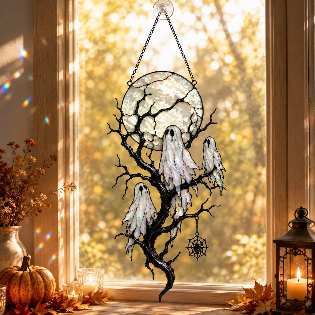 Full Moon & Floating Ghost Tree Holographic Acrylic Suncatcher
