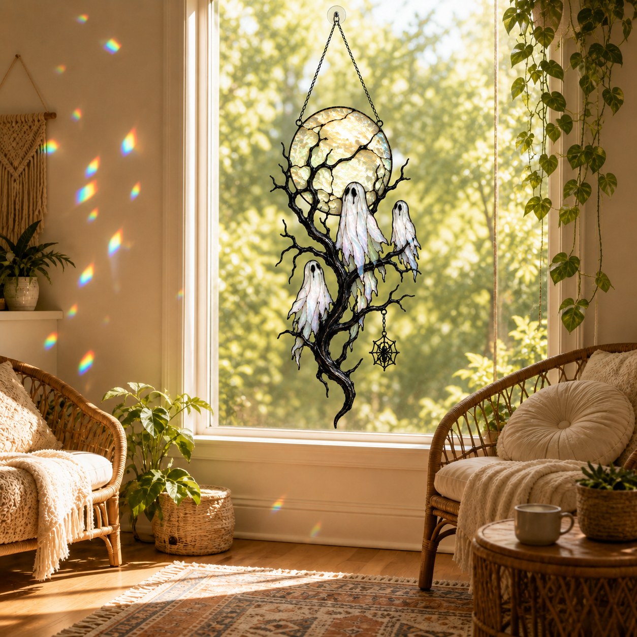 Full Moon & Floating Ghost Tree Holographic Acrylic Suncatcher
