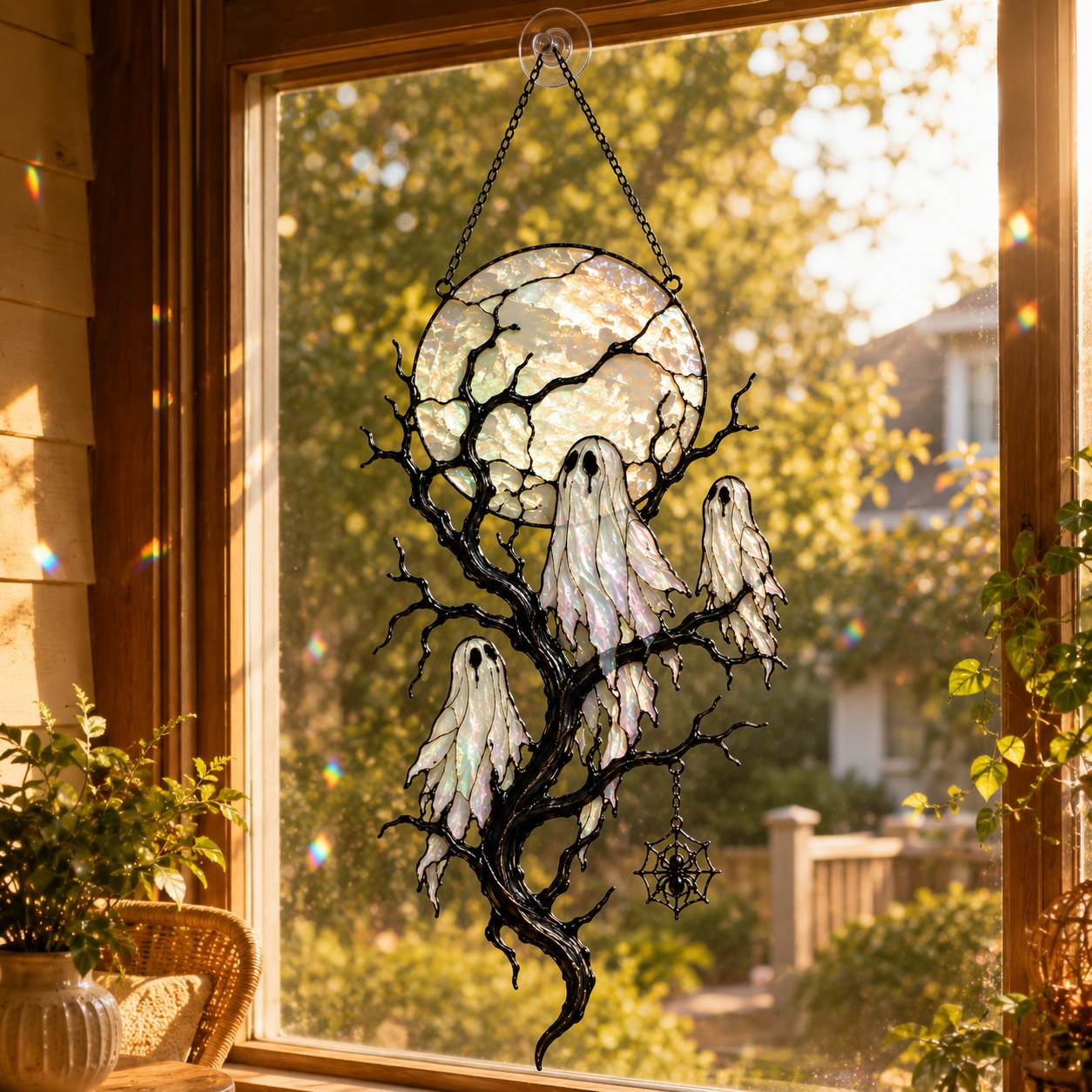 Full Moon & Floating Ghost Tree Holographic Acrylic Suncatcher