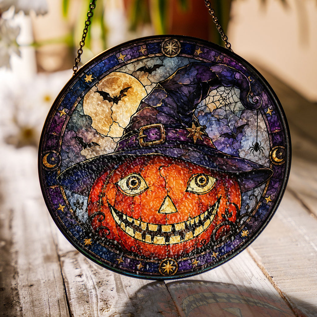 Grinning Jack-o'-Lantern in a Witch Hat Stained Glass Suncatcher