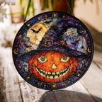 Grinning Jack-o'-Lantern in a Witch Hat Stained Glass Suncatcher