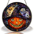 Grinning Jack-o'-Lantern in a Witch Hat Stained Glass Suncatcher