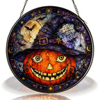 Grinning Jack-o'-Lantern in a Witch Hat Stained Glass Suncatcher