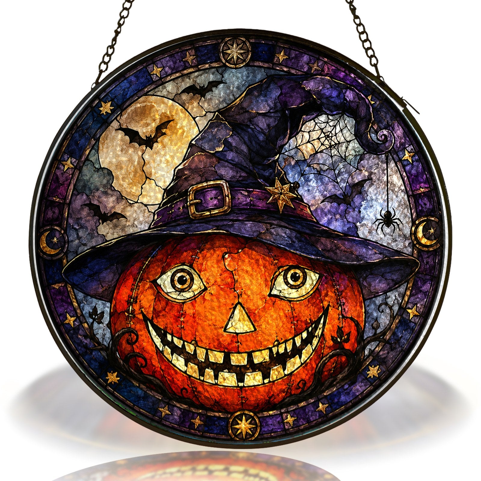 Grinning Jack-o'-Lantern in a Witch Hat Stained Glass Suncatcher