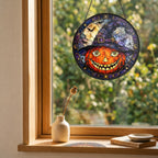 Grinning Jack-o'-Lantern in a Witch Hat Stained Glass Suncatcher