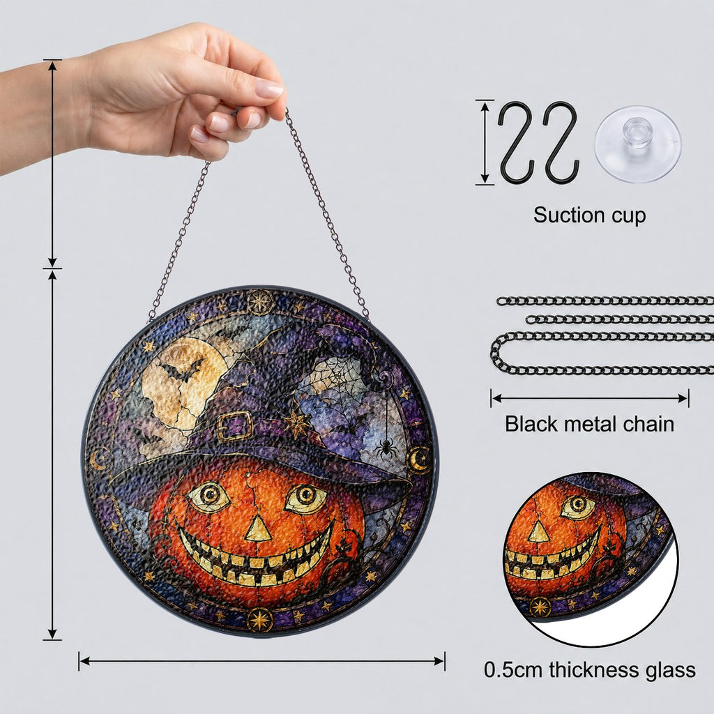 Grinning Jack-o'-Lantern in a Witch Hat Stained Glass Suncatcher