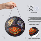 Grinning Jack-o'-Lantern in a Witch Hat Stained Glass Suncatcher