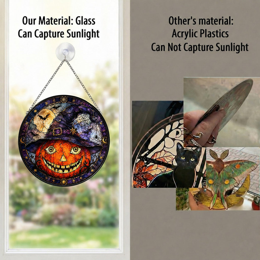 Grinning Jack-o'-Lantern in a Witch Hat Stained Glass Suncatcher