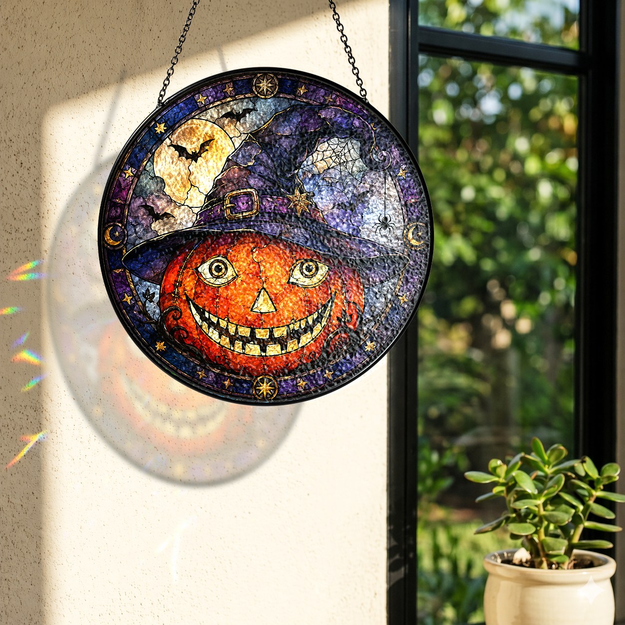 Grinning Jack-o'-Lantern in a Witch Hat Stained Glass Suncatcher