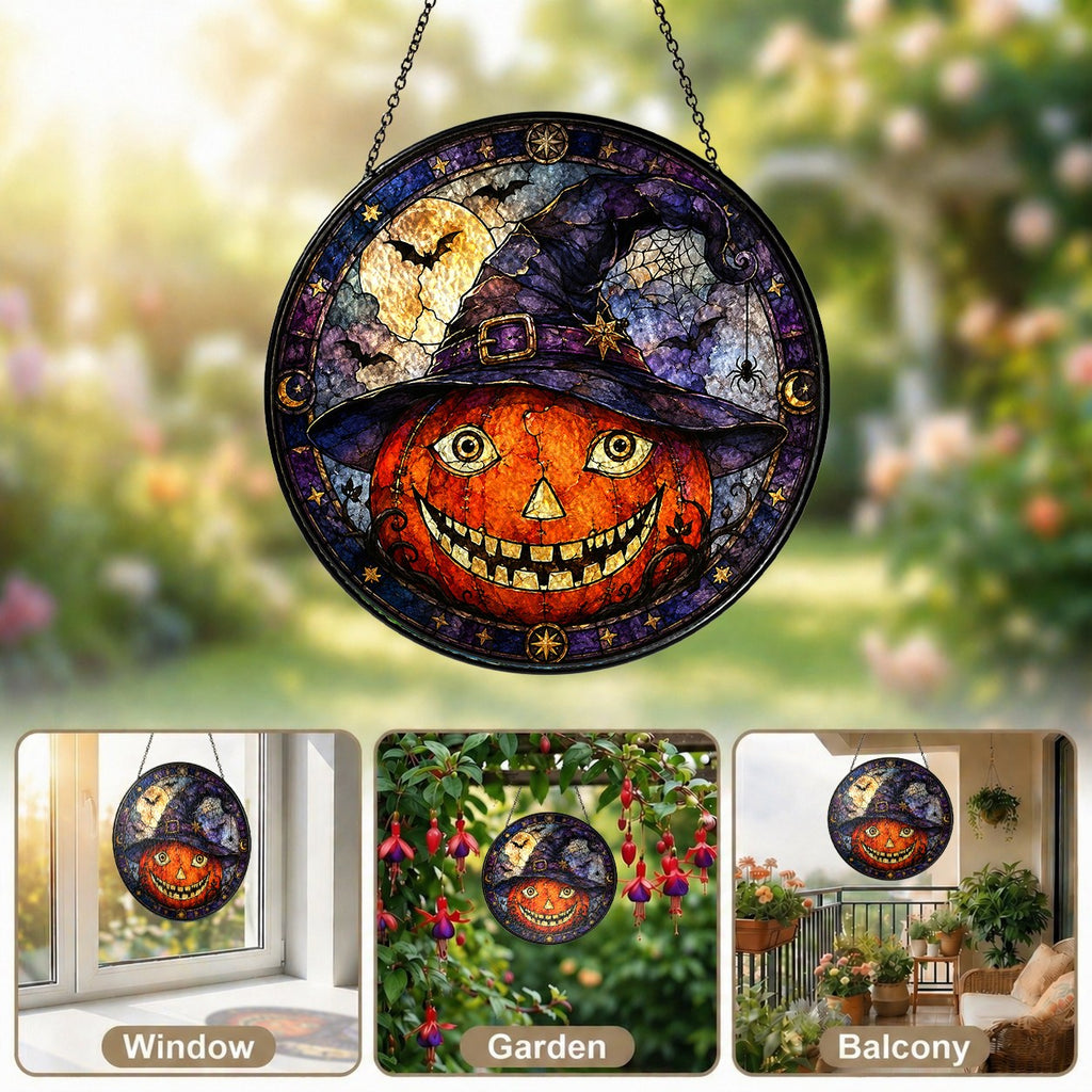 Grinning Jack-o'-Lantern in a Witch Hat Stained Glass Suncatcher