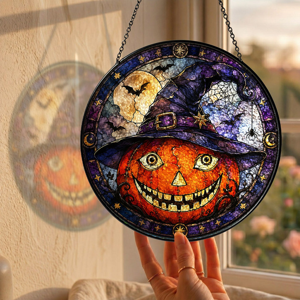 Grinning Jack-o'-Lantern in a Witch Hat Stained Glass Suncatcher
