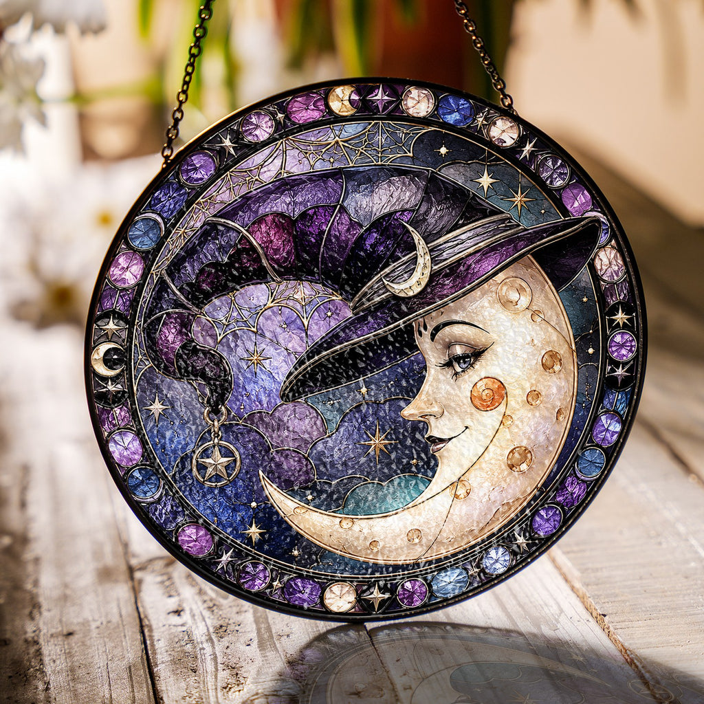 Crescent Moon Face in a Witch Hat Stained Glass Suncatcher