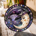 Crescent Moon Face in a Witch Hat Stained Glass Suncatcher