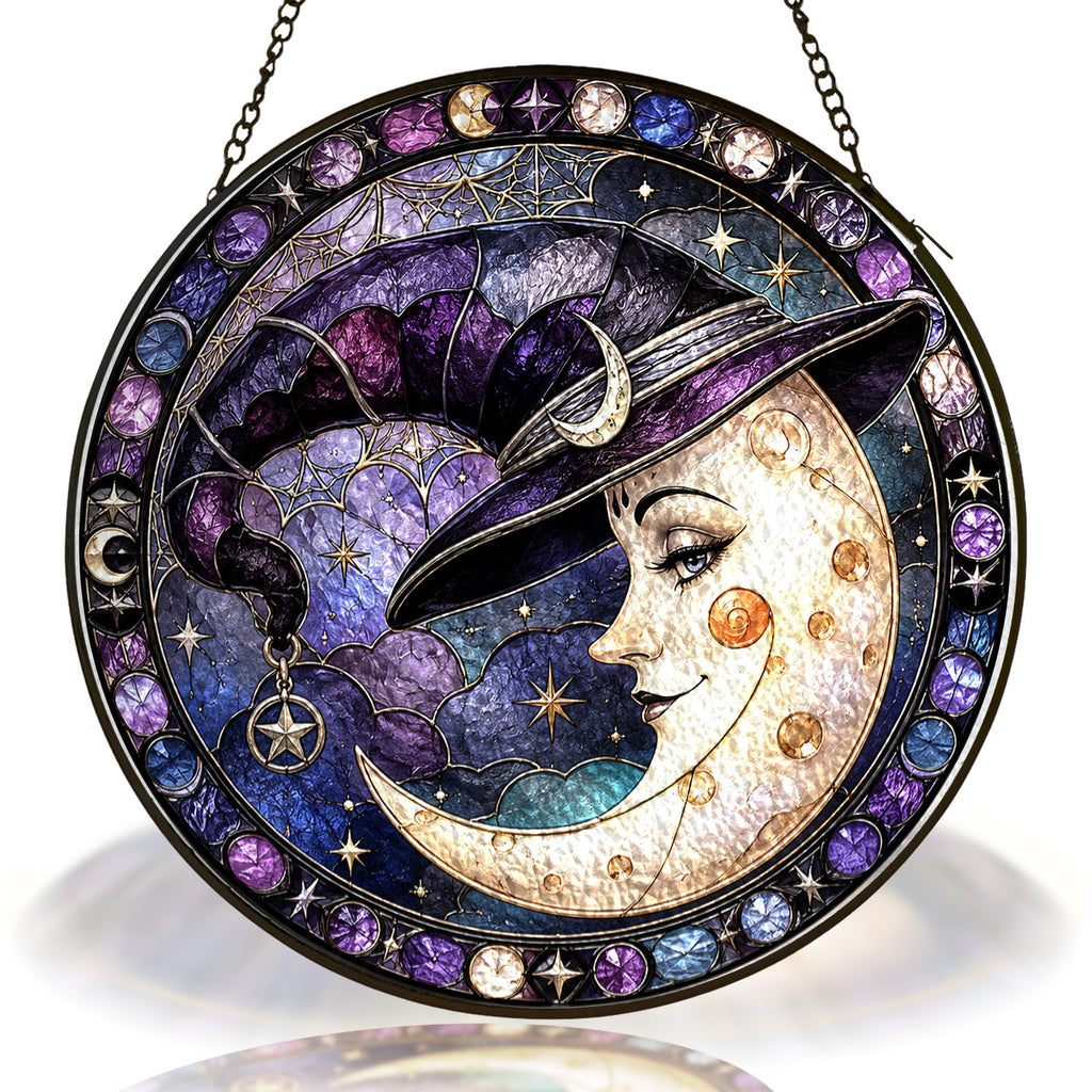 Crescent Moon Face in a Witch Hat Stained Glass Suncatcher