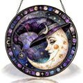 Crescent Moon Face in a Witch Hat Stained Glass Suncatcher