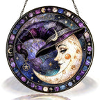 Crescent Moon Face in a Witch Hat Stained Glass Suncatcher