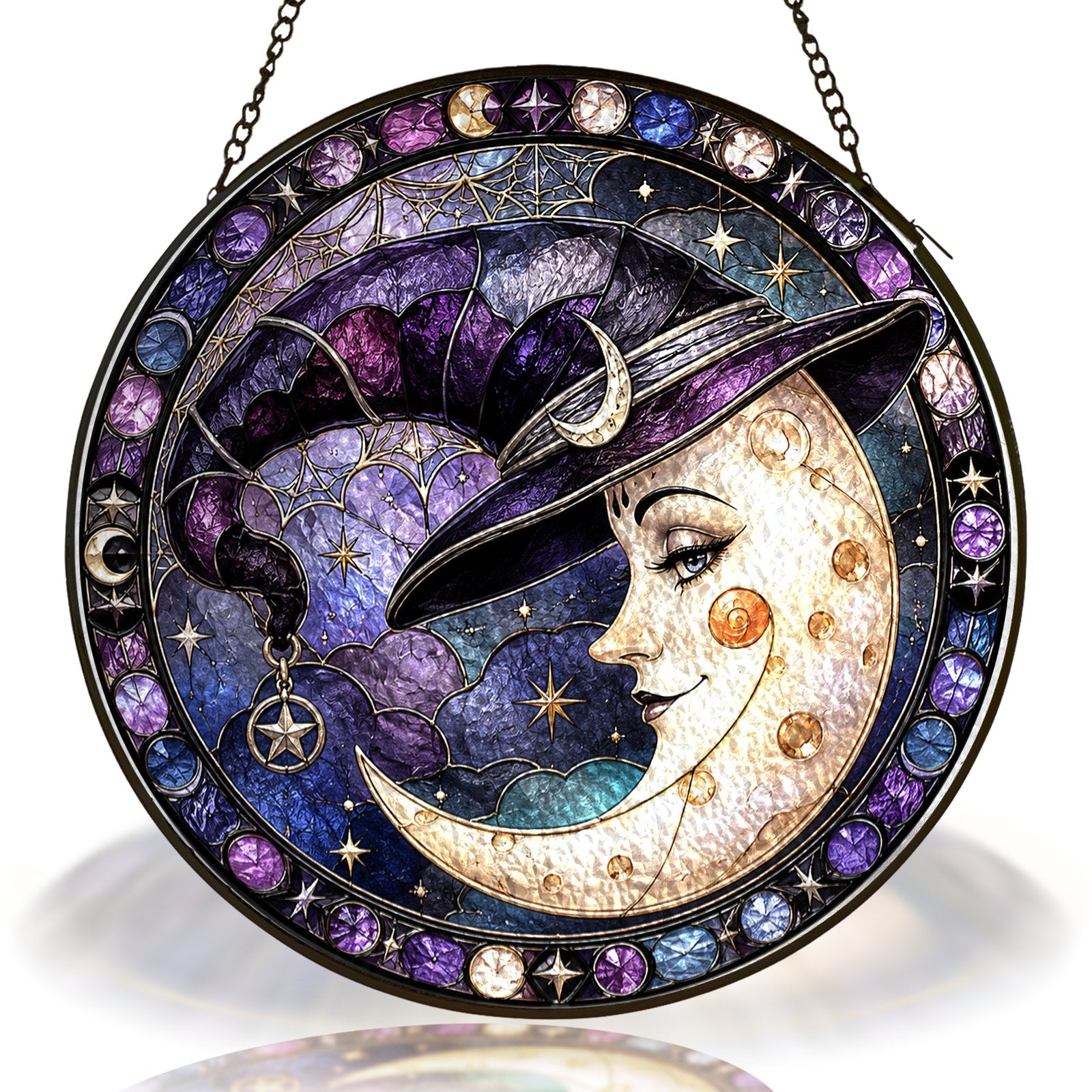 Crescent Moon Face in a Witch Hat Stained Glass Suncatcher