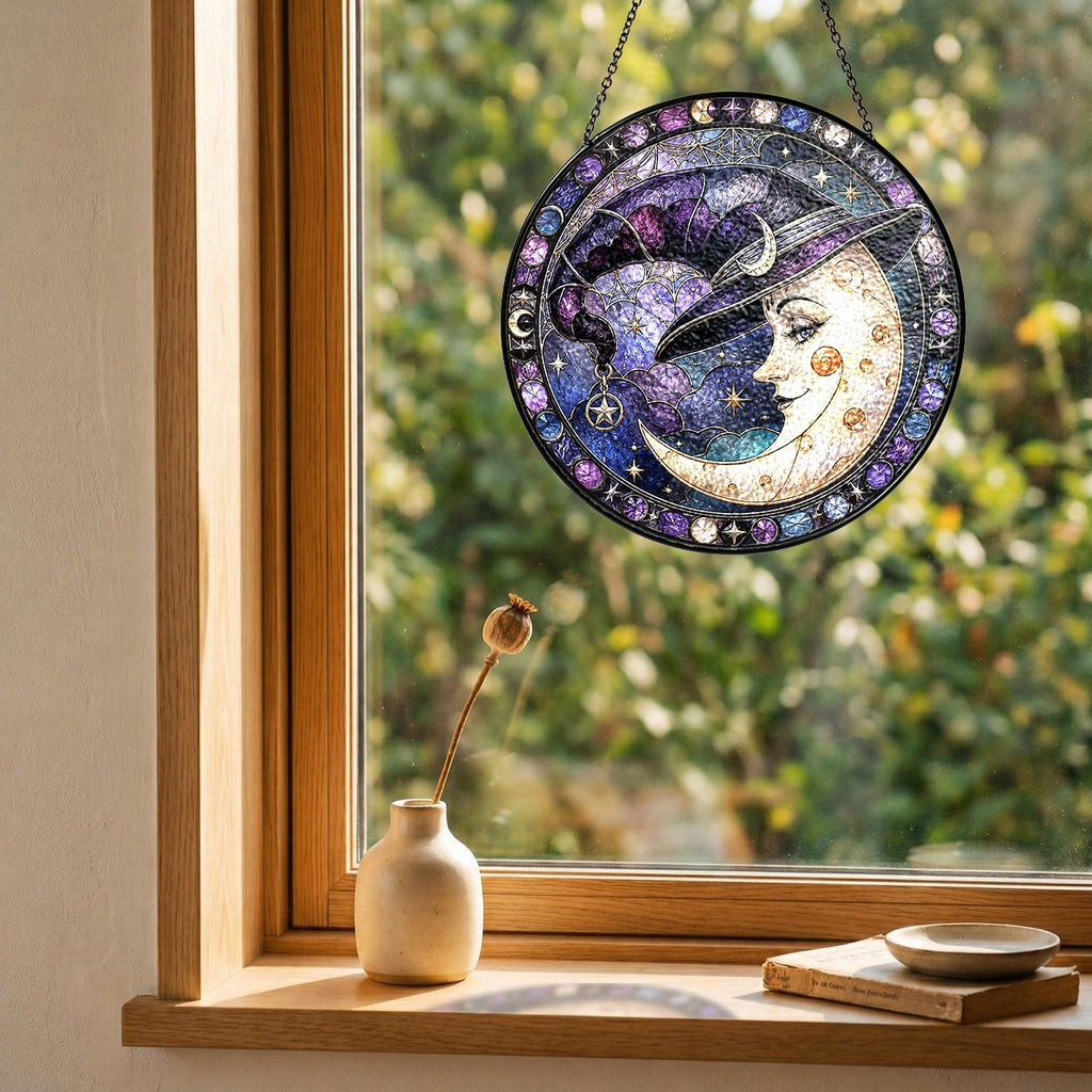 Crescent Moon Face in a Witch Hat Stained Glass Suncatcher