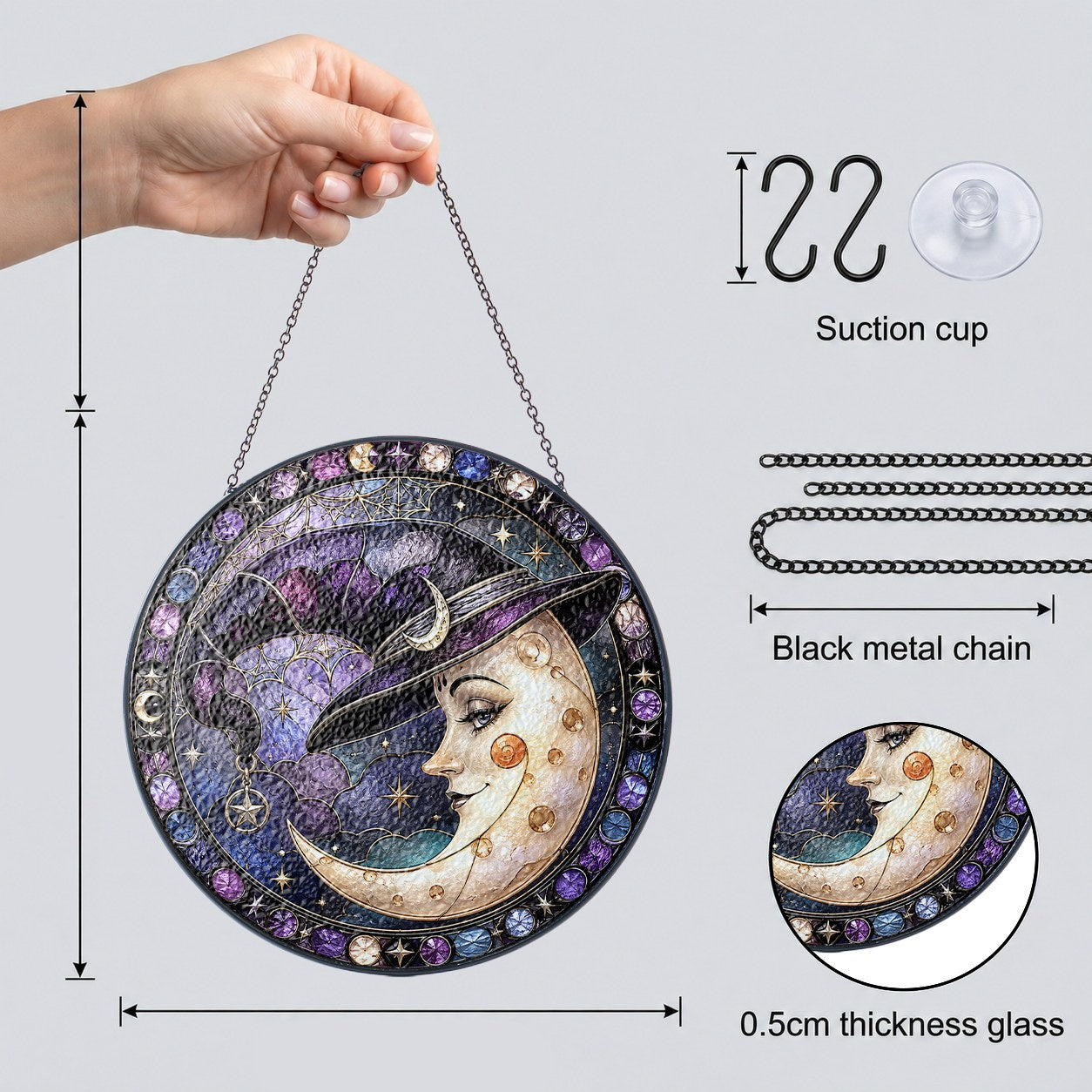 Crescent Moon Face in a Witch Hat Stained Glass Suncatcher