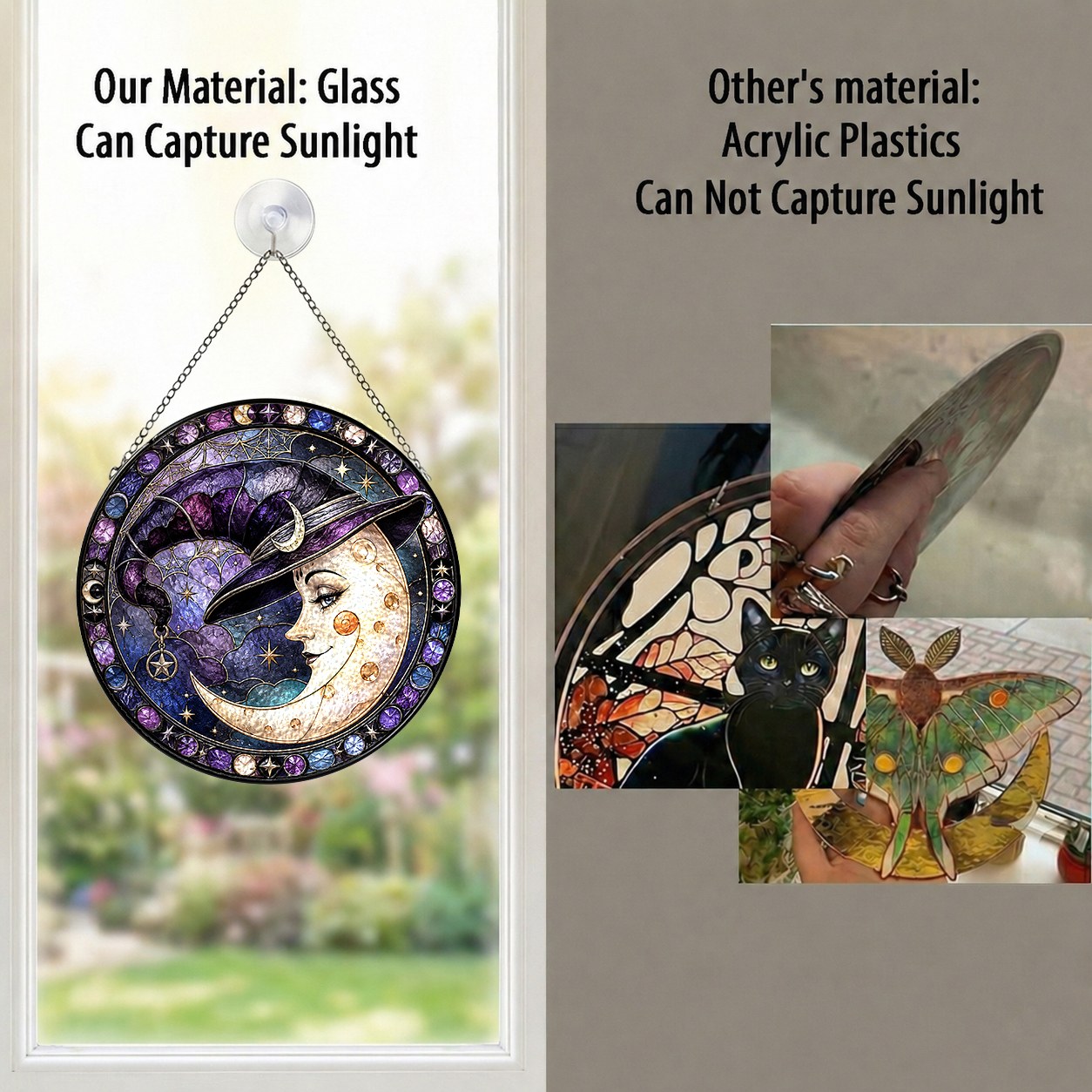 Crescent Moon Face in a Witch Hat Stained Glass Suncatcher