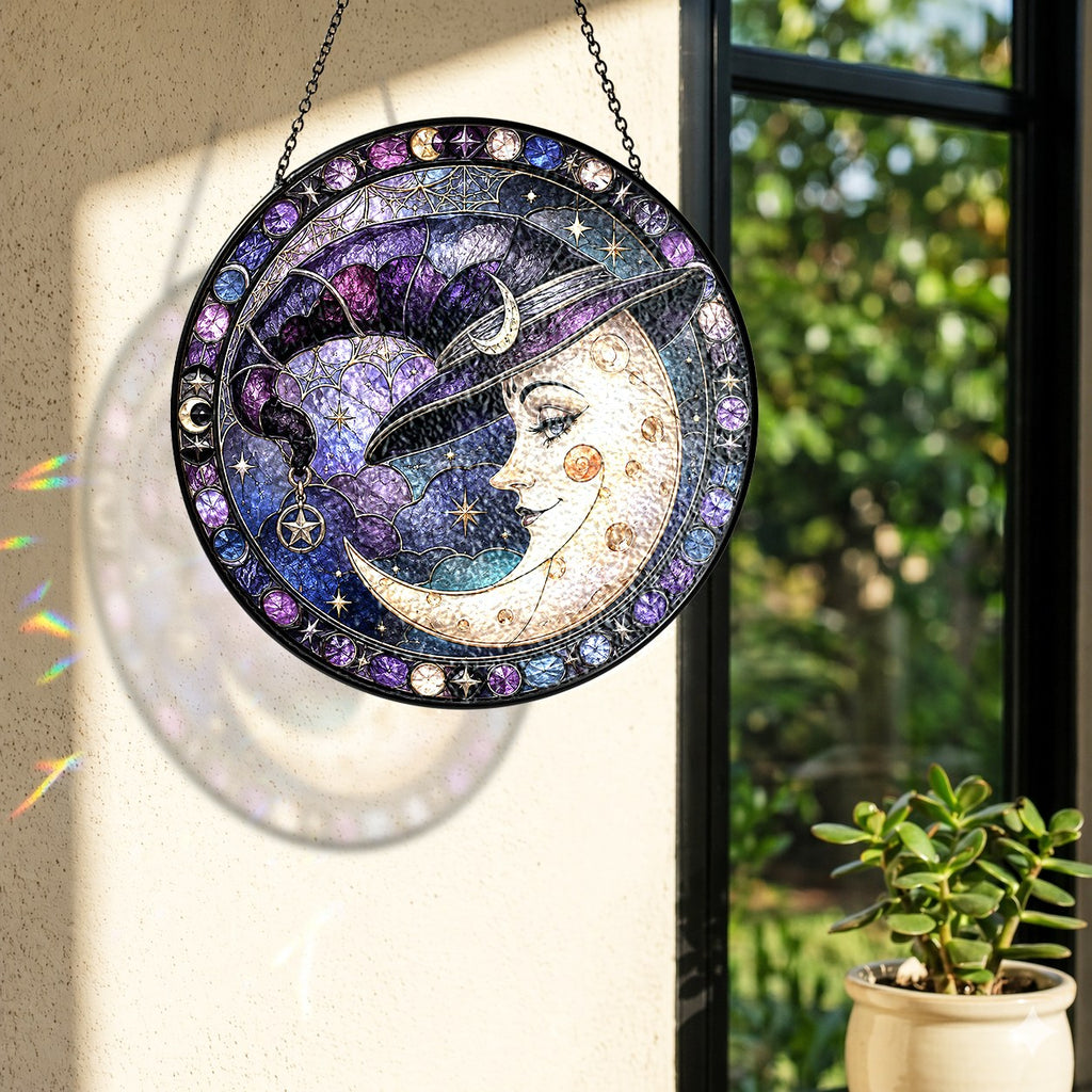 Crescent Moon Face in a Witch Hat Stained Glass Suncatcher