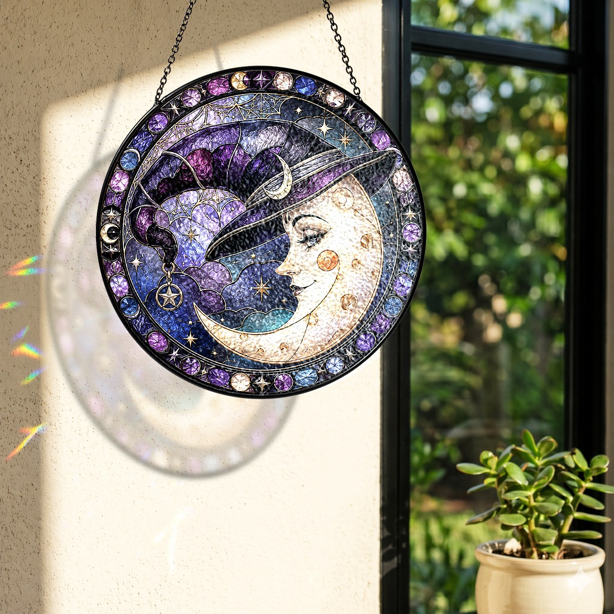 Crescent Moon Face in a Witch Hat Stained Glass Suncatcher