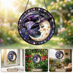 Crescent Moon Face in a Witch Hat Stained Glass Suncatcher