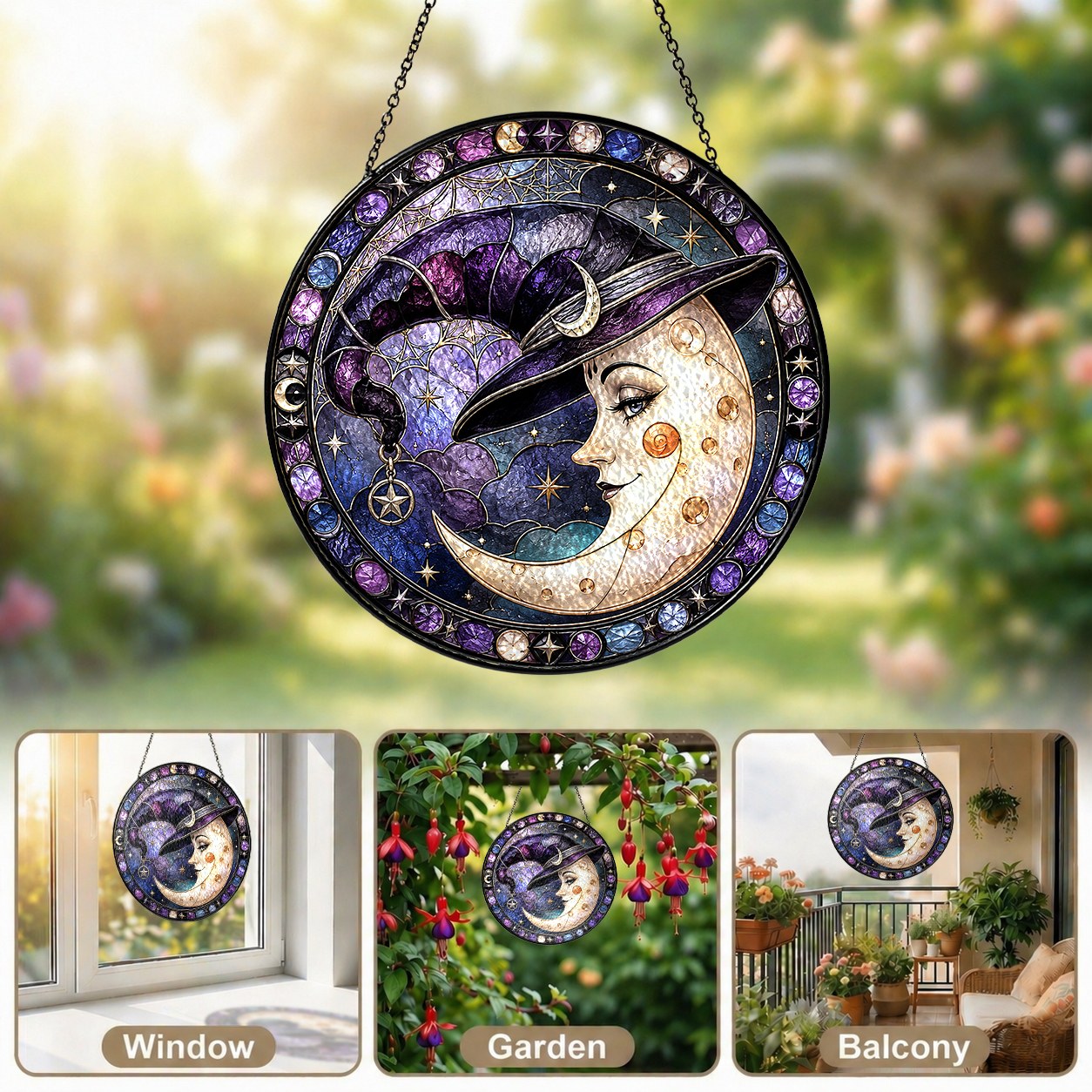 Crescent Moon Face in a Witch Hat Stained Glass Suncatcher