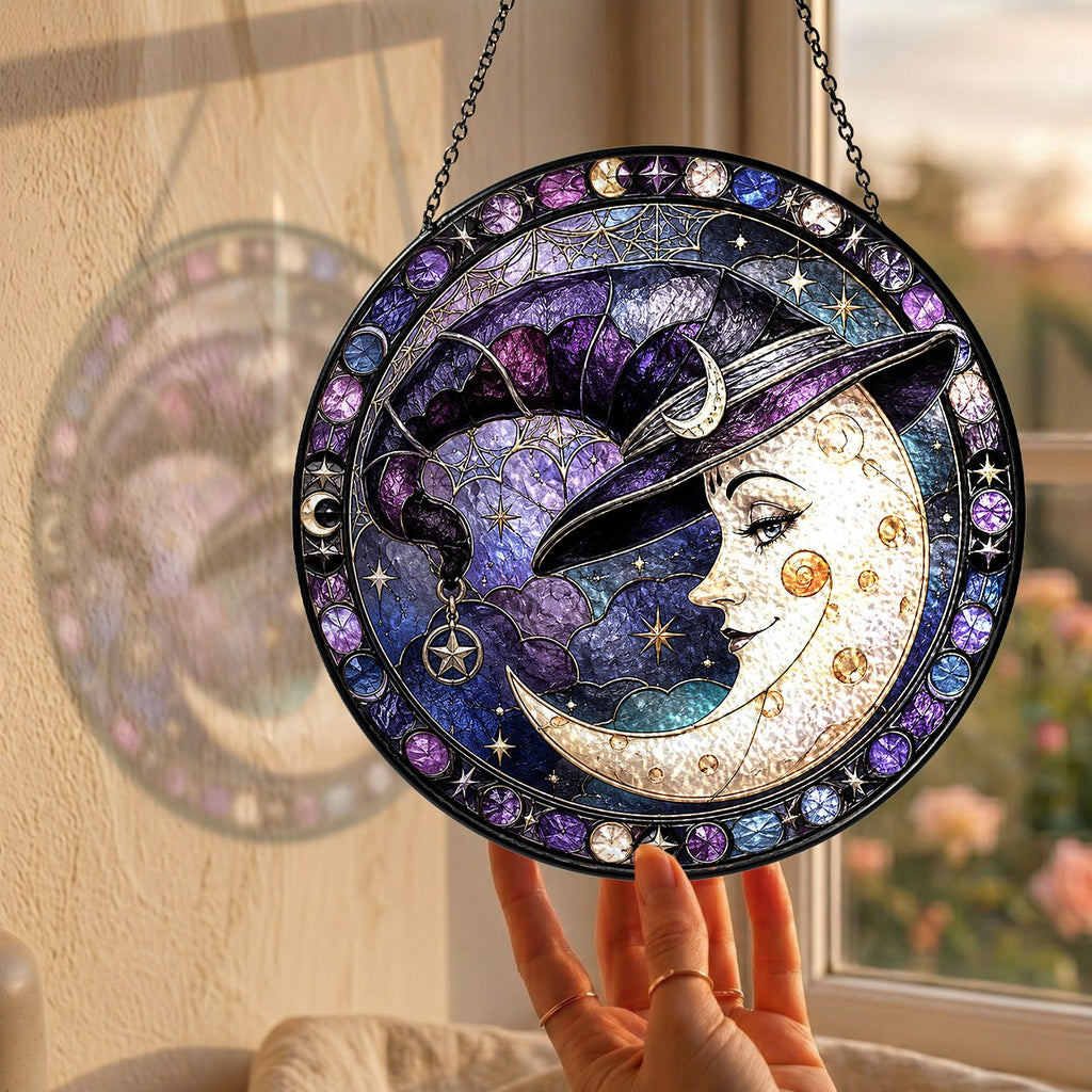 Crescent Moon Face in a Witch Hat Stained Glass Suncatcher