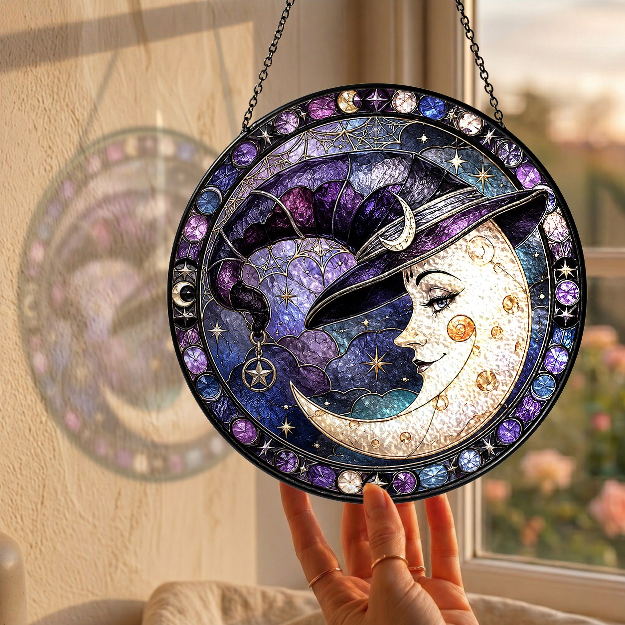 Crescent Moon Face in a Witch Hat Stained Glass Suncatcher
