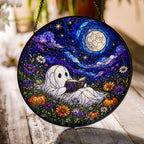 Ghost Reading Under a Starry Night Sky Stained Glass Suncatcher