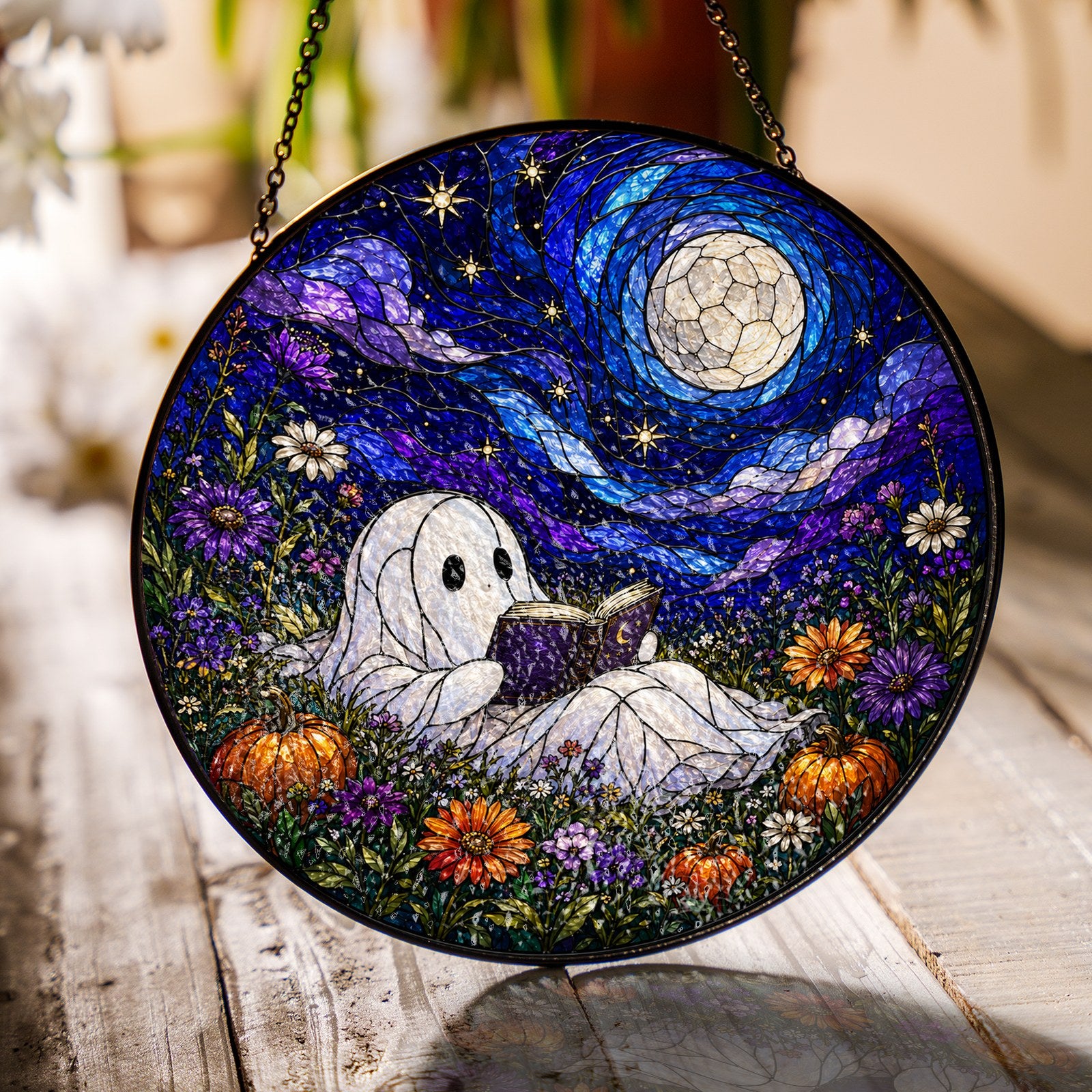 Ghost Reading Under a Starry Night Sky Stained Glass Suncatcher