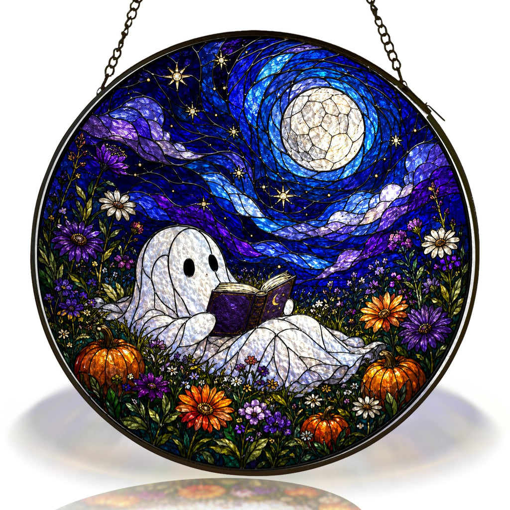 Ghost Reading Under a Starry Night Sky Stained Glass Suncatcher