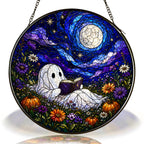 Ghost Reading Under a Starry Night Sky Stained Glass Suncatcher
