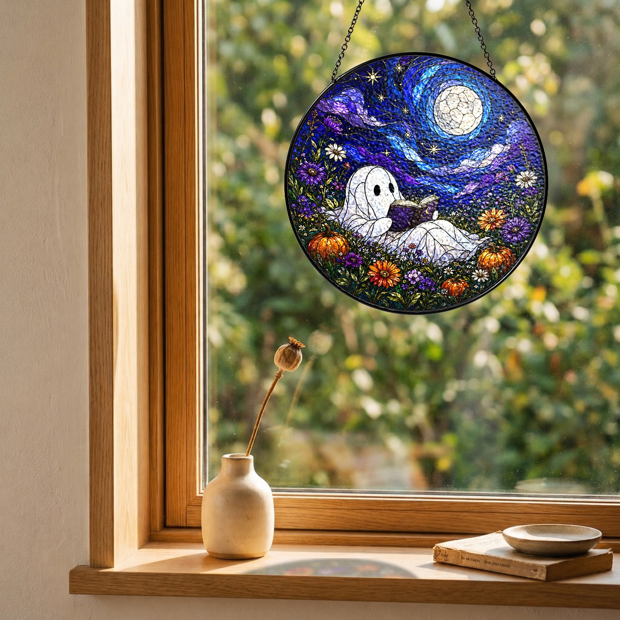 Ghost Reading Under a Starry Night Sky Stained Glass Suncatcher