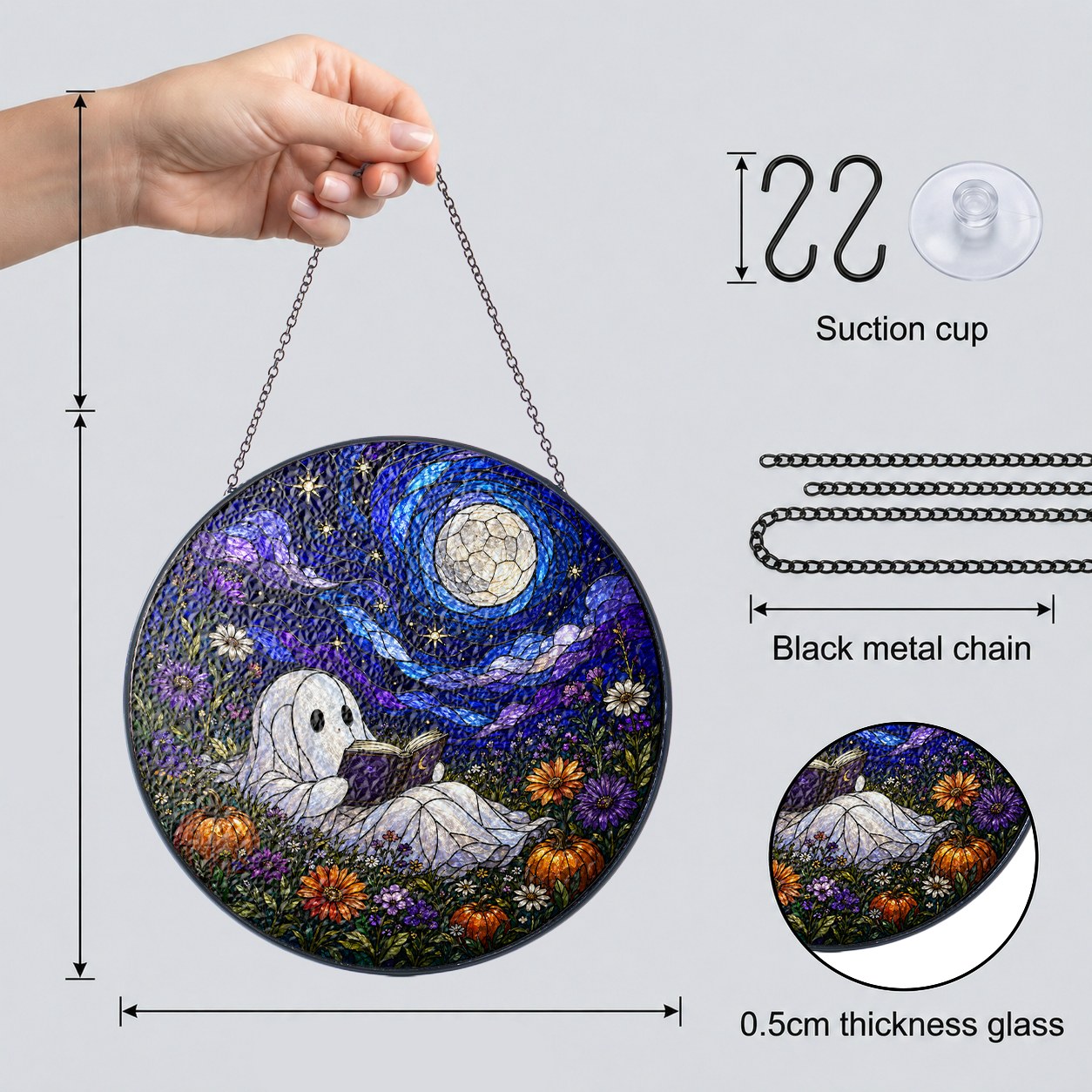 Ghost Reading Under a Starry Night Sky Stained Glass Suncatcher