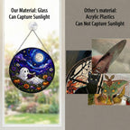 Ghost Reading Under a Starry Night Sky Stained Glass Suncatcher