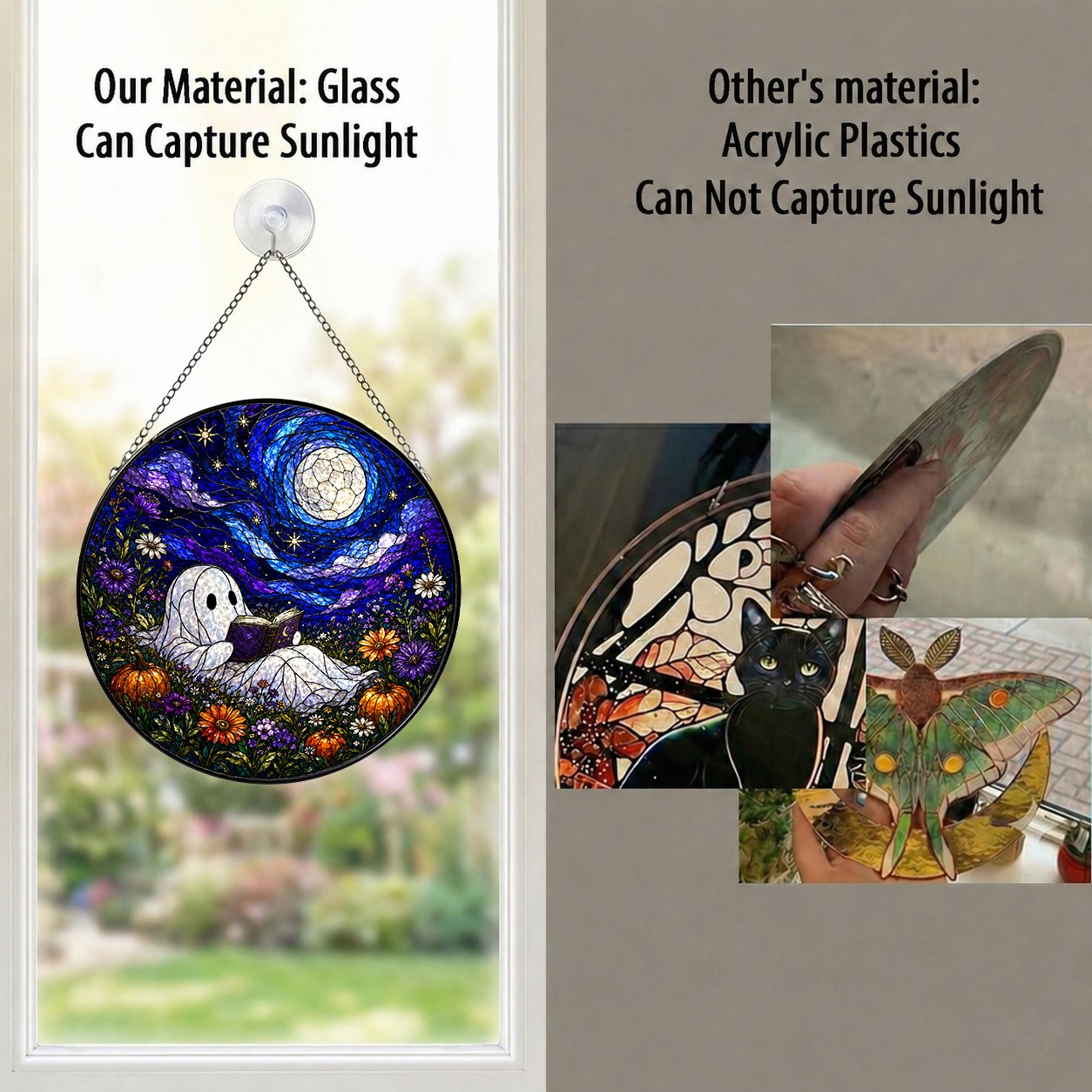 Ghost Reading Under a Starry Night Sky Stained Glass Suncatcher