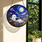 Ghost Reading Under a Starry Night Sky Stained Glass Suncatcher