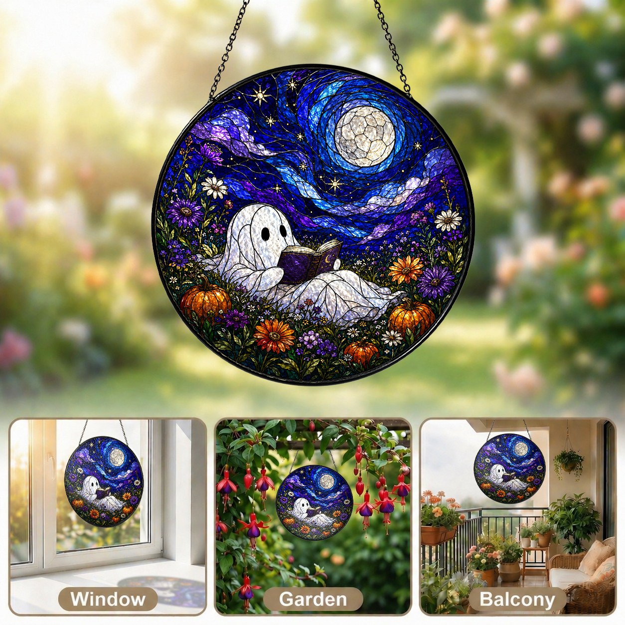 Ghost Reading Under a Starry Night Sky Stained Glass Suncatcher