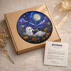Ghost Reading Under a Starry Night Sky Stained Glass Suncatcher